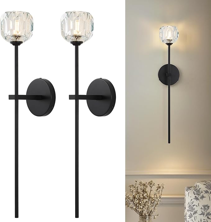 Black Crystal Wall Sconces Set of Two with G9 Bulbs, Mid Century Modern Diamond Light Brass Vintage Long Lighting Fixture Hardwired for Elegant Vanity Living Room Bedroom Bathroom Hallway