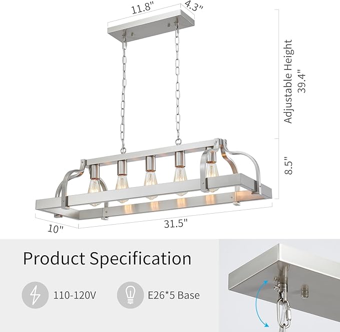 WUZUPS 5-Light Metal Pot Hanging Rack Chandelier Linear Pendant Ceiling Lighting Rustic Farmhouse Fixture Kitchen Island Dining Room, H 9.8" L 34.6" W11.8, E26 Base, Brushed Nickel