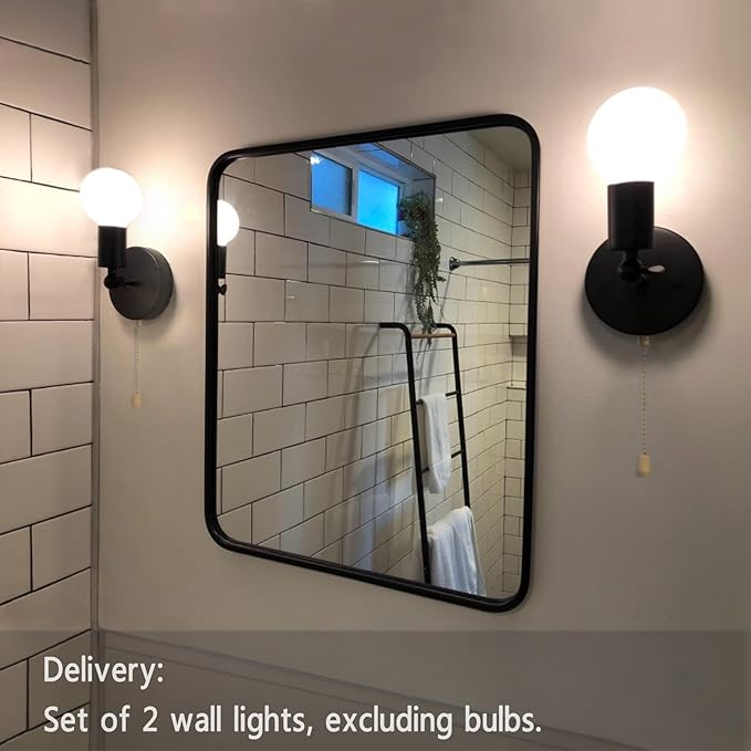 2-Pack Pull Chain Wall Sconce Adjustable, Hardwired Wall Light Fixtures with Switch Indoor E26 Small Black Sconces with Pull Switch for Kitchen Bedroom Hallway, No Bulb