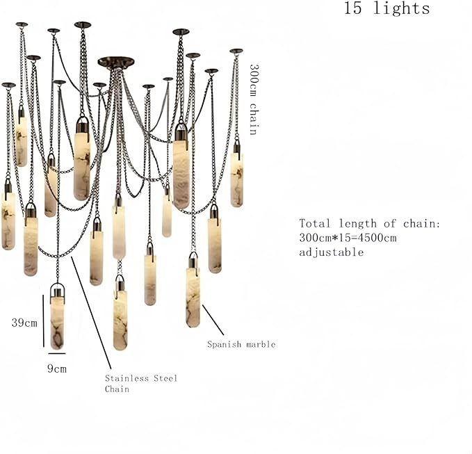 RUIBO Alabaster 15 Light LED Multi-Drop Hanging Pendant Lighting,Cylinder Natural Marble Multi Light Pendant Lights,Living Dining Room Loft Bedroom Modern LED Hanging Lamps(E14)