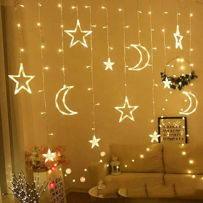 Star Moon Curtain String Lights,126 LED Ramadan Decorations Ramadan Curtain String Lights, 2 Lighting Modes, Waterproof Fairy Lights, Starry Lights for Christmas, Wedding, Party, Home, Patio Lawn