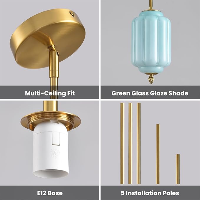 Vintage Blue Glass Pendant Lights 5.5 Inch Mid Century Brass Hanging Ceiling Light, Small Adjustable Height Kitchen Island Hanging Lights for Dining Room, Kitchen, Hallway and Bedroom, E12 Base