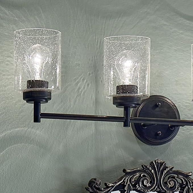 Kichler Winslow 30" 4-Light Bathroom Vanity Light Fixture with Clear Seeded Glass in Black, Modern Industrial Style for Bathroom and Powder Room, (30" x 9.25" x 6.5"), 45887BK
