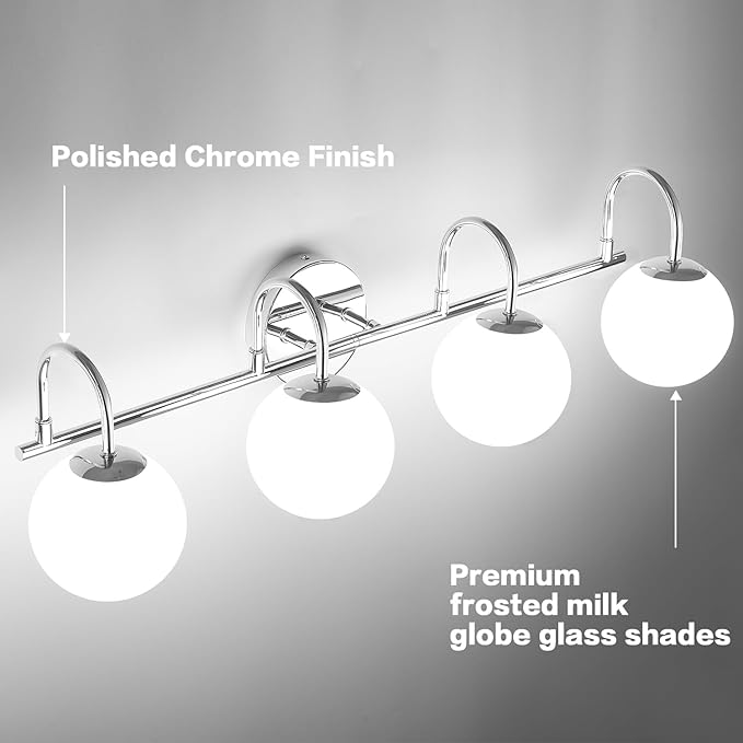 Chrome Mid Century Modern 4-Light Bathroom Light Fixtures Over Mirror, Vanity Wall Sconces With Globe Frosted Milk Glass