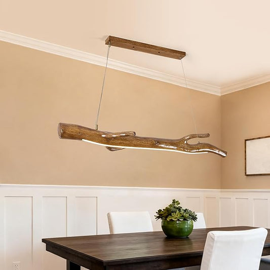 47.3in Wood Linear Pendant with Light,Modern Dimmable Hanging Light Adjustable Kitchen Island Linear Chandelier for Dining Room Bar Pool Table Light Walnut Color