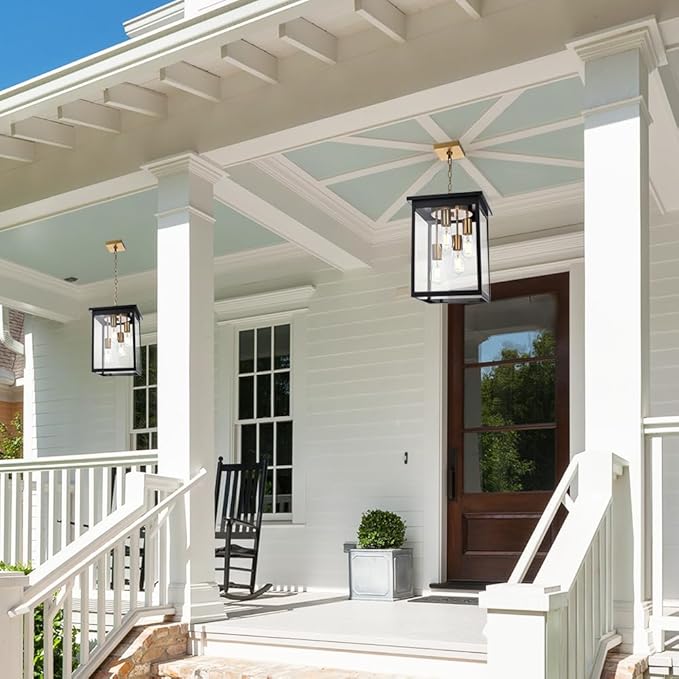 TODOLUZ Outdoor Pendant Light Fixtures, 4-Lights Large Outdoor Ceiling Hanging Lanterns in Black & Brushed Brass, Farmhouse Exterior Chandelier for Front Door Entry Patio