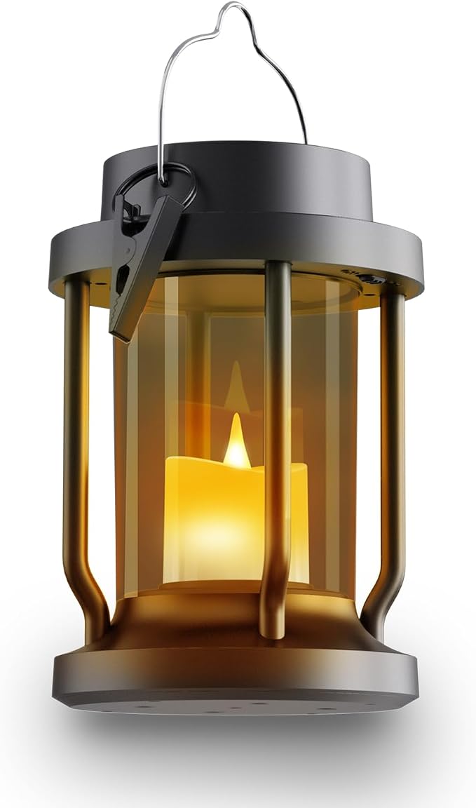 Solar Lantern Outdoor & Indoor Use – Hanging Solar Lights with Realistic Flickering Flameless Candle, Weatherproof for Gardens, Patios, Trees, and Lawns (Black + Gray, 1 Pack)
