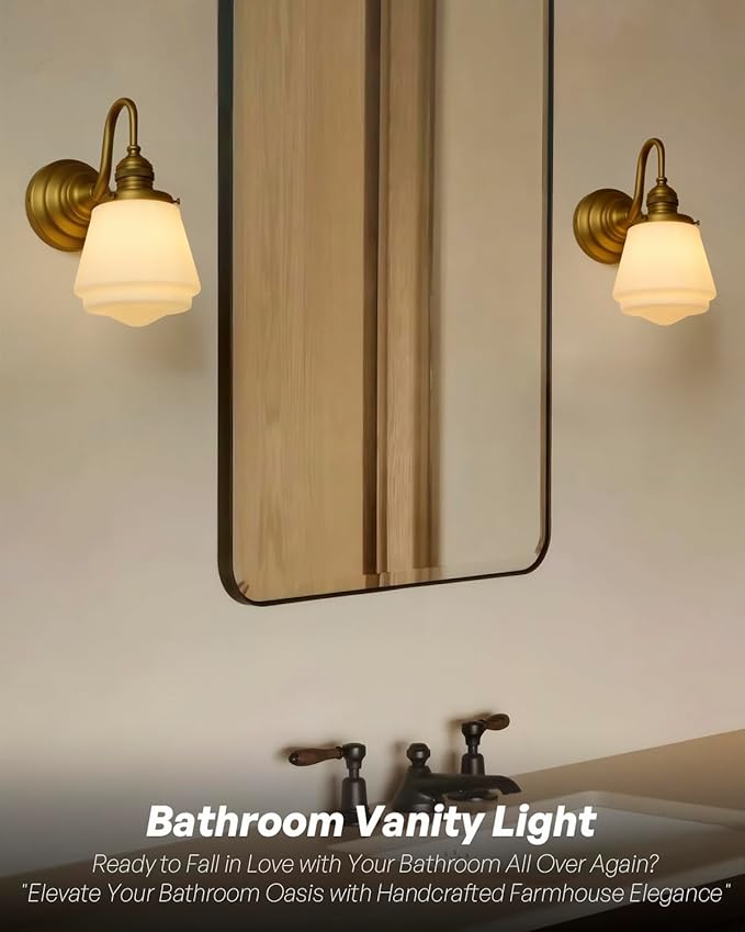 Vintage Wall Sconce Antique Brass Gold Bathroom Vanity Light with Frosted Milk Glass Shade Indoor Hardwire Wall Mounted Lamp Light for Bathroom Mirror Living Room Bedroom Kitchen