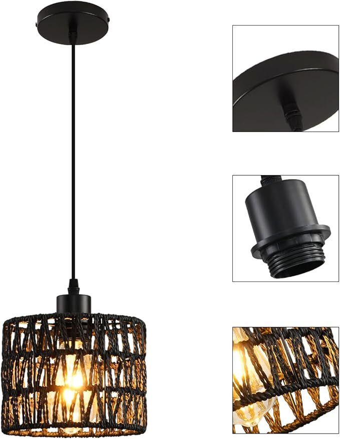 Woven Pendant Light Boho Chandelier, Rattan Pendant Lights Kitchen Island, Farmhouse Pendant Lighting with Hand Woven Wicker Shade, Boho Chandelier Light Fixtures Ceiling Hanging Light