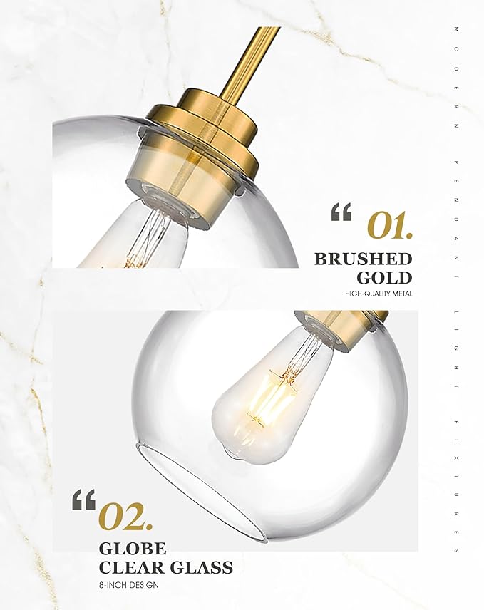 2 Pack Pendant Lights Kitchen Island, 8" Gold Pendant Light Fixtures with Globe Clear Glass Shade, Modern Brass Kitchen Island Lighting for Bathroom, AD-22280-2PL-GD