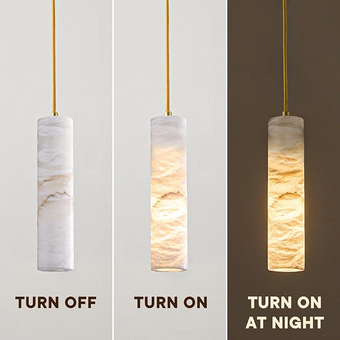 Natural Alabaster Pendant Light Fixture, Modern Marble Kitchen Island Lamp, 9.8" x 2.4" Long Tube Alabaster Chandelier, Small Pendant Light for Bedroom, Dining Room, Living Room (E12 Bulb - 1 Pack)