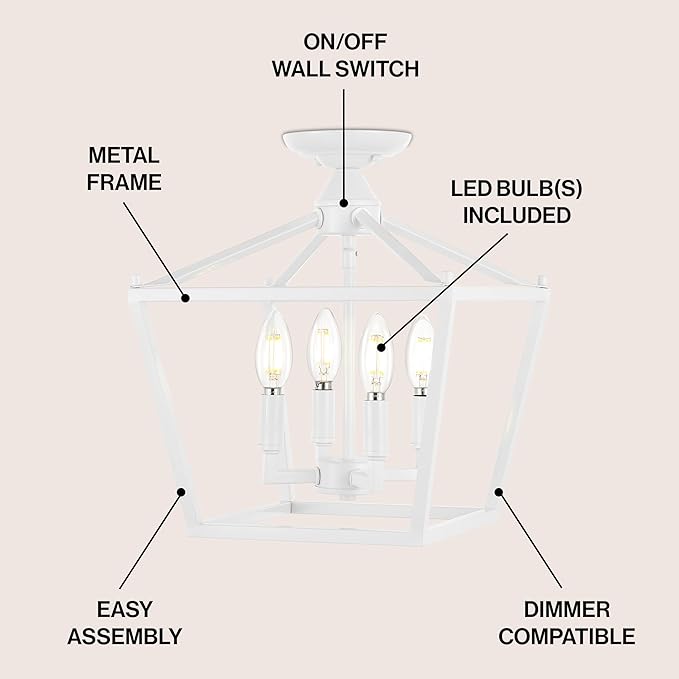 JONATHAN Y 12" White Modern Farmhouse Pagoda 4-Light LED Semi Flush Mount Lantern, Metal Ceiling Light Fixture for Kitchen, Hallway, Entryway, Bedroom, Hardwired (JYL7610E)