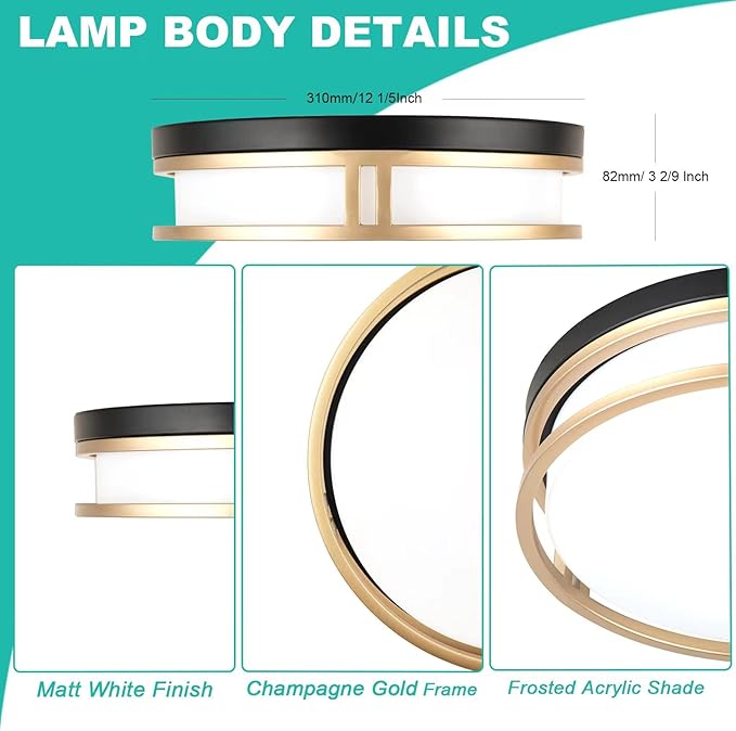 12.5 Inch LED Flush Mount Ceiling Light Fixture, 26W, Super Bright 1700 Lumens, 3 Color 3000K/4000K/5000K, Dimmable Ceiling Lamp for Bedroom Hallway Bathroom Kitchen (Black Gold)