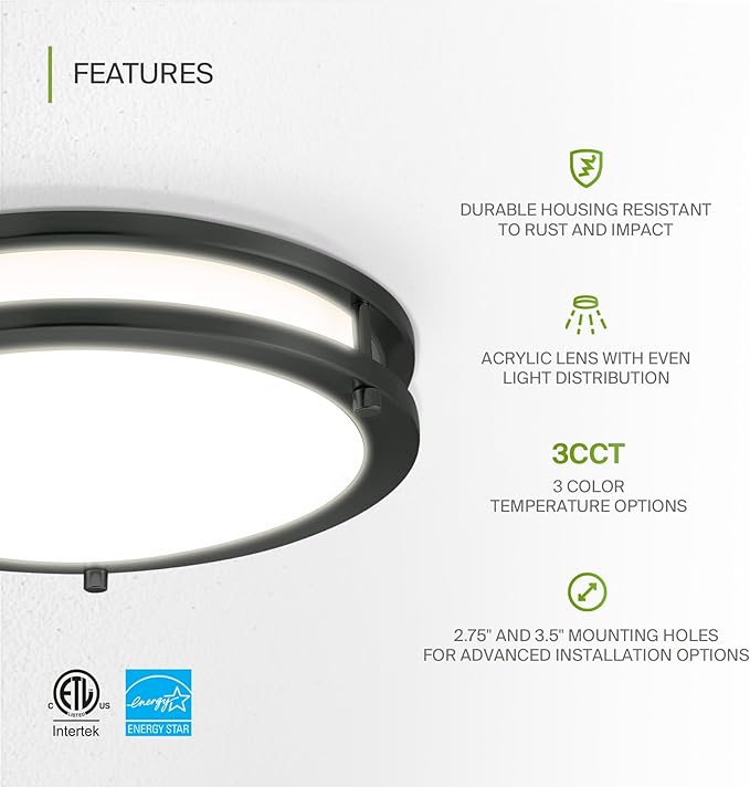 ASD LED 12" Round Flush Mount Lighting, Close to Ceiling Light Fixture | 3CCT, Dimmable, Energy Star, ETL Listed | 20W 1532LM 3000-5000K 120V | Low Profile Double Ring Lamp | Black, 4 Pack