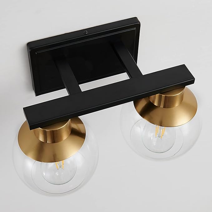 PAZALA 2 Light Vanity Lights, Black Gold Bathroom Wall Sconce Light with Globe Glass Shade, Bathroom Light Fixture Over Mirror for Bedroom, Living Room, Hallway (E26 Base)