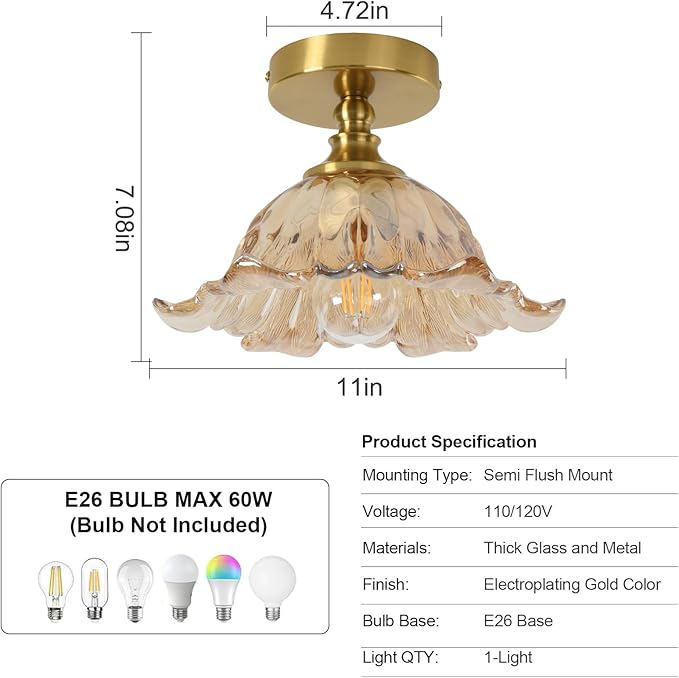 Semi Flush Mount Ceiling Light Fixture, 11in Amber Glass Vintage Light Fixtures Ceiling for Hallway Kitchen Foyer Entryway Bedroom, E26 Base