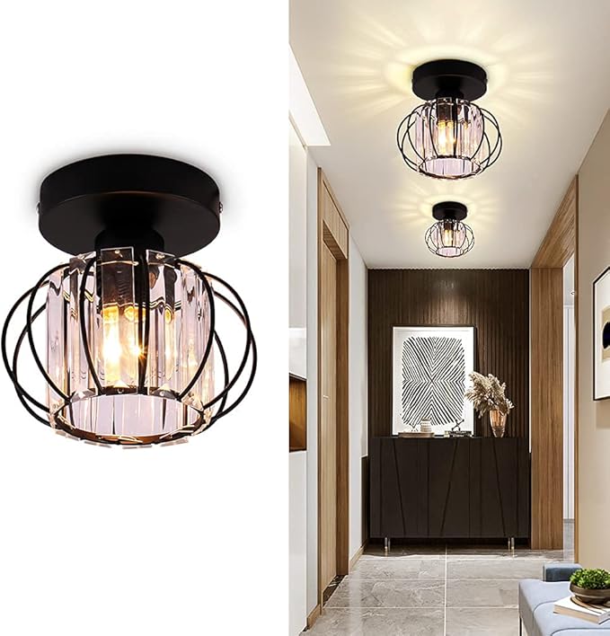FRIXCHUR Black Modern Semi Flush Mount Ceiling Light Fixture Ceiling Light Shade Mini Crystal Chandeliers Ceiling Light for Kitchen Island Hallway Closet Dining Room Bedroom Staircase E26 Base