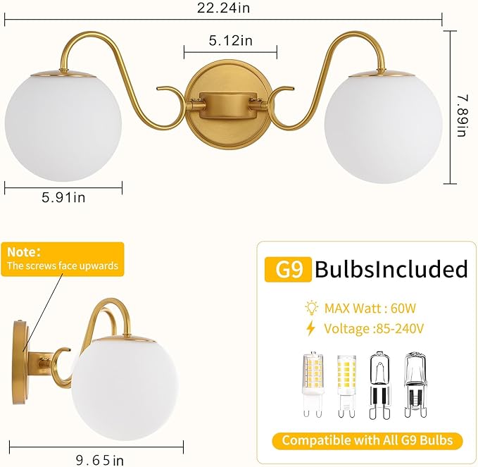 2 Lights Bathroom Vanity Light Fixtures Over Mirror, Brushed Gold Vintage Vanity Lights For Bathroom With Milk White Glass Globe Shade, Wall Lights For Bedroom, Hallway, Dressing Table,Includ G9 Bulbs