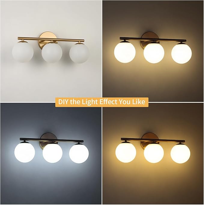 Globe Bathroom Light Fixtures 3-Light Brass Gold Vanity Light with Plastic Milk White Globe Shades 18.11 inch Wall Sconce Lighting Over Mirror, Vanity Lights for Bathroom Bedroom Hallway
