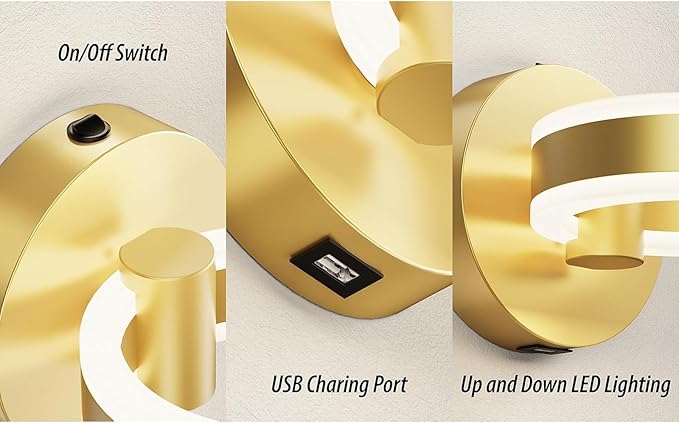 LED Wall Sconces Set of Two with ON/Off Switch, Gold Rotatable Hardwired Wall Light Fixtures, Built in USB Charging Port, Modern Wall Decor for Bed Lighting.