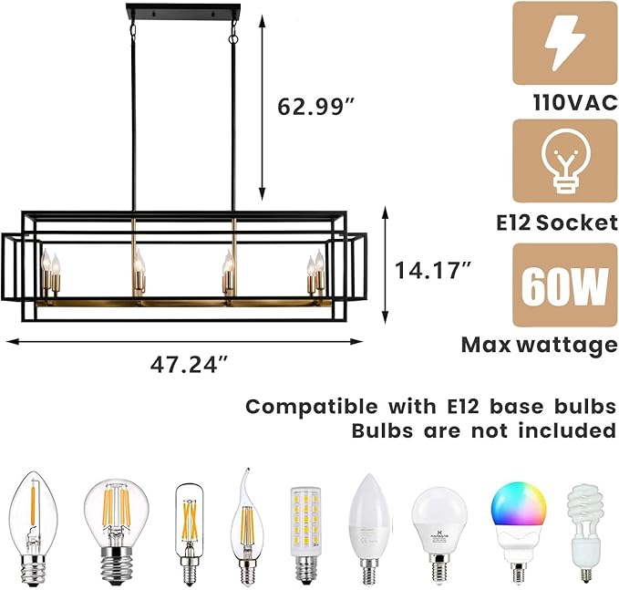 8-Light Kitchen Island Lighting, Black and Gold Rectangle Chandeliers for Dining Room, Metal Farmhouse Dining Room Light Fixtures Over Table, Linear Chandelier with Brushed Brass Socket