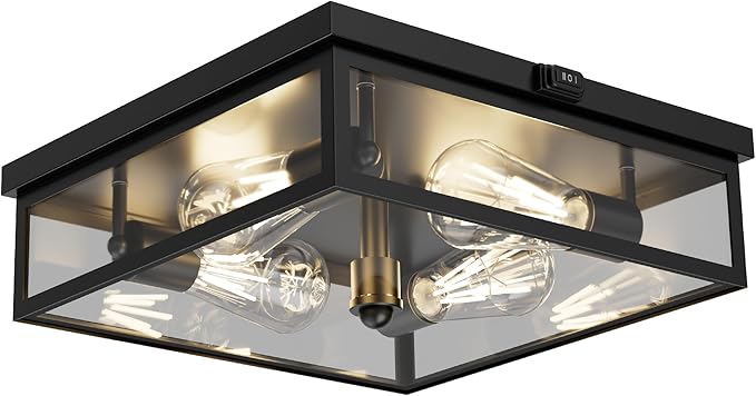Caftersmark Outdoor Ceiling Light with Motion Sensor 14‘’, Flush Mount Porch Ceiling Light, lear Glass with Dusk to Dawn 4-Light Close to Ceiling Light Fixture for Patio,Porch,Garage