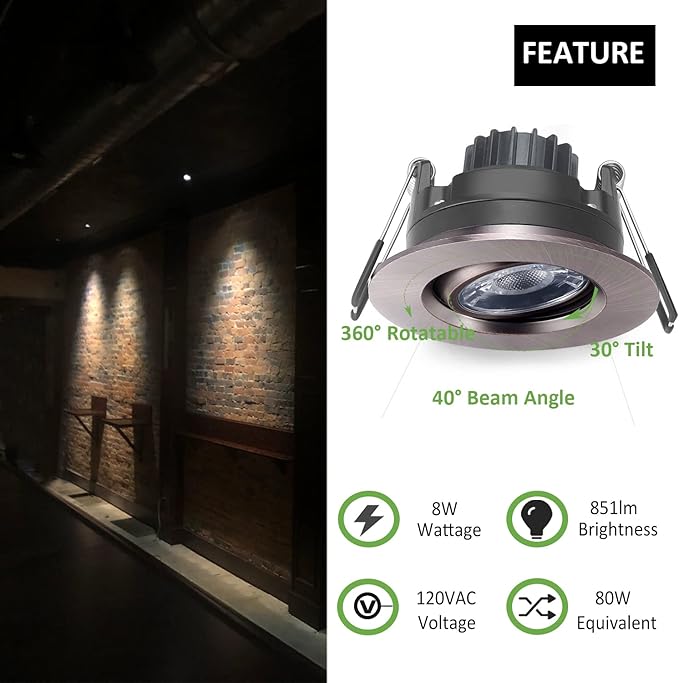 POPANU Premium Canless Recessed Gimbal Downlight Rotatable-Spotlight 5 CCT 3 Inch Eyeball Ceilling Potlight, Dimmable Recessed Lights Fixture with Junction Box, 8W, Oil Rubbed Bronze, 6P