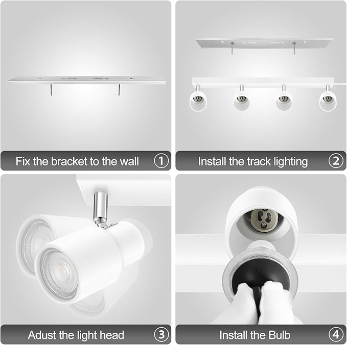 Plug in Track Lighting, 23" LED Track Light Fixtures Ceiling, White 4 Way Spotlight, Rotatable Light Head, Plug in Ceiling Light with Power Cord, Plug Wall Light for Kitchen Hallway Bar(GU10, NO Bulb)