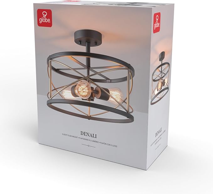 Globe Electric 60869 Denali 3-Light Flush Mount Ceiling Light, Matte Black, Brass Accents
