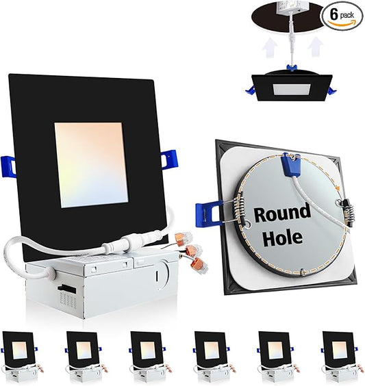Adetu 4 inch Square Led Recessed Lighting Black,5CCT Ultra Thin Square Led Ceiling Light with Junction Box, 2700K/3000K/3500K/4000K/5000K Selectable,Dimmable,ETL and Energy Star Certified