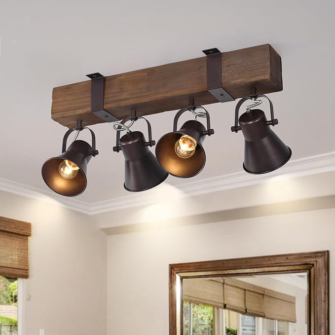 SEEBLEN 4 Light Semi Flush Mount Ceiling Light, Farmhouse Wooden Track Lighting Fixtures Ceiling, Rustic Kitchen Lights Ceiling for Island Dining Room Living Room.