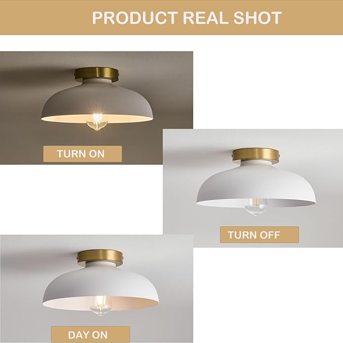 3 Pack Modern Semi Flush Mount Ceiling Light,Industrial White and Gold Ceiling Fixtures,E26 Ceramic Lamp Head Light Fixture for Kitchen Entryway Hallway Laundry Room Bedroom Foyer 11.8 Inch