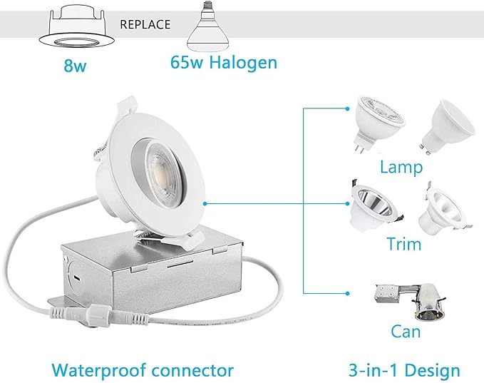 3 Inch Gimbal LED Recessed Light, 8W Dimmable Canless Adjustable Downlight, 3000K/4000K/5000K Selectable Ceiling Spotlight with Junction Box, IC Rated ETL, 38° Beam Angle, 65W Equivalent (Pack of 4)