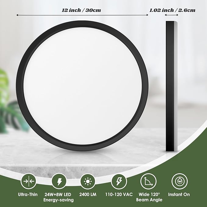 Brightever 12 Inch LED Flush Mount Ceiling Light Fixture with Night Light, 24W 2400LM Modern Ceiling Light, 2700K/3000K/4000K/5000K/6500K Selectable & Dimmable Ceiling Lamp for Bedroom, Black, 1 Pack