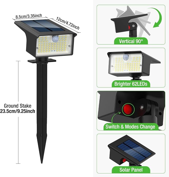 Nipify Solar Spot Lights Outdoor Motion Sensor, [2 Pack/62 LED]3 Modes Solar Landscape Spotlights Outdoor Waterproof, 2-in-1 Solar Lights Outdoor Pathway Lights for Yard Garden Wall Patio, Cool White