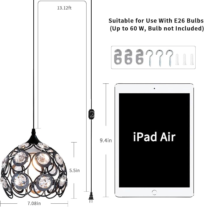TISLYCO Black Plug in Chandelier, Crystal Hanging Lights with Plug in Cord 13.12ft and On/Off Switch, Hanging Pendant Light for Kitchen Island Bedroom Reading Area