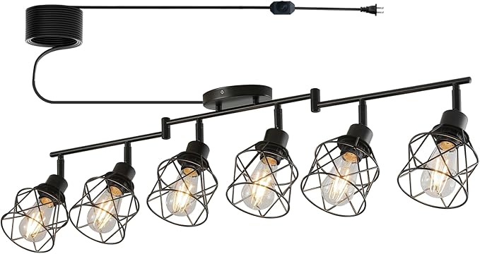 Dimmable 6 Light Plug in Ceiling Light,Black Plug in Track Lighting Kit with 16.5' Cord,Flexibly Rotatable Light Head,Modern Industrial Farmhouse Style(Bulbs Not Included)