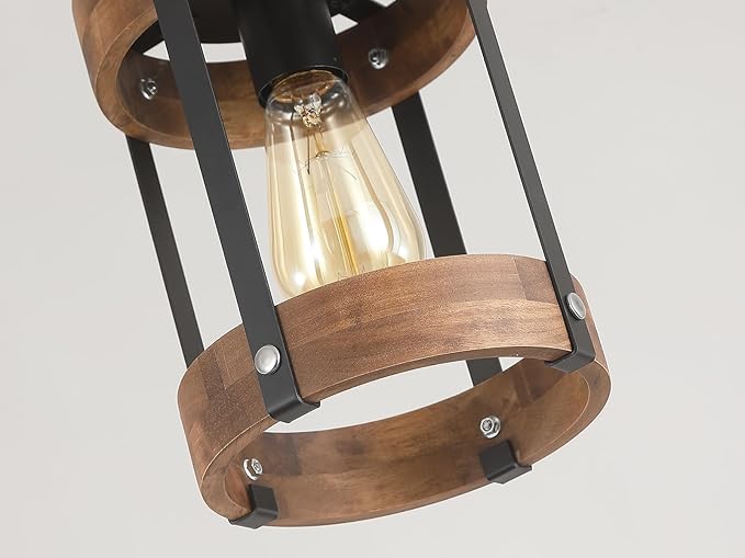 Rustic Farmhouse Plug in Pendant Light Fixture with Adjustable Chain, Dimmable Switch, Oak Wood and Metal Drum Cage Mini Hanging Lamp for Kitchen Island Living Room Hallway Farmhouse Bar, Black
