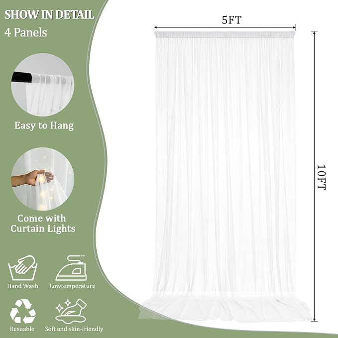 20×10ft White Tulle Backdrop Curtains with Lights String for Wedding Parties Sheer Backdrop Curtain Backdrop for Engagement Bridal Baby Shower Birthday Party Home Decoration 5ft×10ft, 4 Panels