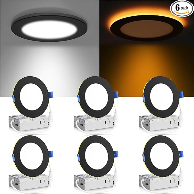 Meconard 6 Pack 4 Inch 5CCT LED Recessed Ceiling Light with Night Light, 2700K/3000K/3500K/4000K/5000K Selectable Ultra-Thin Lighting, 9W=75W, 750LM, Dimmable Canless Wafer Downlight, Black Trim