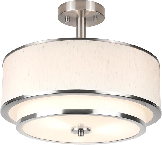 3-Light Semi Flush Mount Ceiling Light, 16" Drum Light with White Fabric Shade, Modern Close to Ceiling Lamp for Living Room Bedroom Dining Kitchen Hallway Entry (Brushed Nickel)
