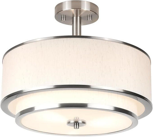 3-Light Semi Flush Mount Ceiling Light, 16" Drum Light with White Fabric Shade, Modern Close to Ceiling Lamp for Living Room Bedroom Dining Kitchen Hallway Entry (Brushed Nickel)