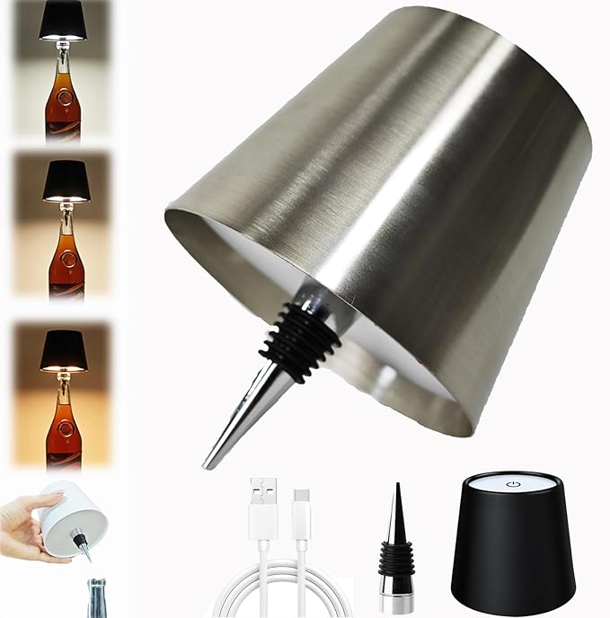 Neioaas Wine Bottle Lamp, 3 Color Light Dimming Metal Wine Bottle Light, Rechargeable Waterproof Bottle Touch Lamp Head with for Home,Bar,Camping,Travel,Restaurants, Party, Decor & Gifts(Silver, 1PC)