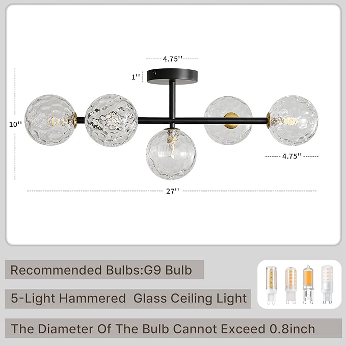 Modern Globe Glass Ceiling Light: 27 Inch Semi Flush Mount Light with Hammered Clear Glass Shade - 5 Lights Black Ceiling Lighting Fixture - Dimmable Linear Chandelier for Bedroom Living Room Entry
