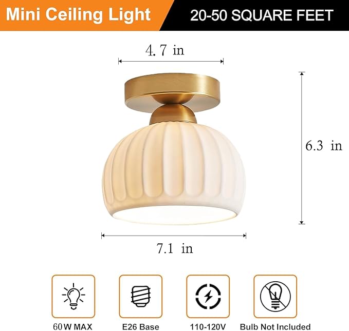 Semi Flush Mount Ceiling Light Fixtures，Small Gold Ceramic Hallway Close to Ceiling Light Farmhouse Light， Small Ceiling Light for Bedroom，Dining Room，Entryway Porch Foyer with E26 Base
