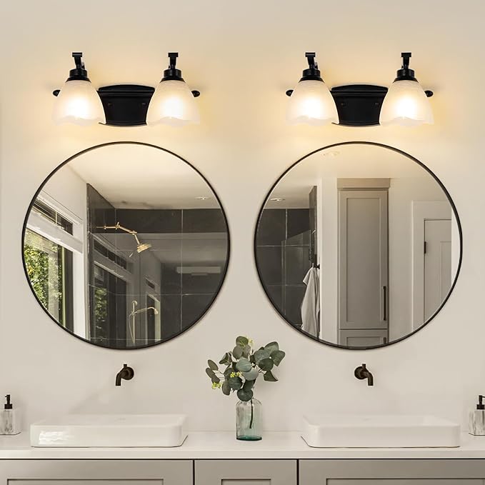 Bathroom Light Fixtures (2-Light, 15 Inch), Matte Black Vanity Lights for Bathroom with White Frosted Glass Shade, Modern Vanity Wall Lights for Mirror Bedroom Living Room Kitchen Hallway Porch