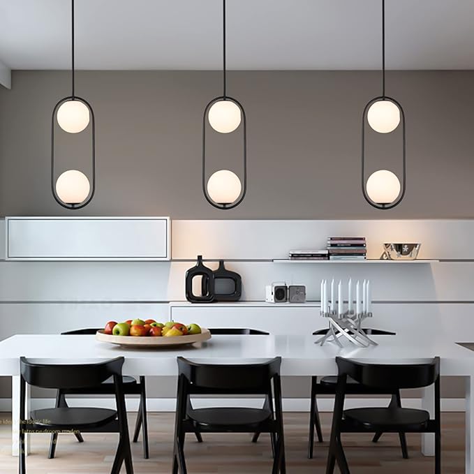 SeeU Modern Style Pendant Lighting Mid Century Pendant Light Fixture Hanging Lighting Fixture Vintage Style with White Globe Glass Lampshade Pendant Chandelier for Kitchen Island Dining Room Bedroom
