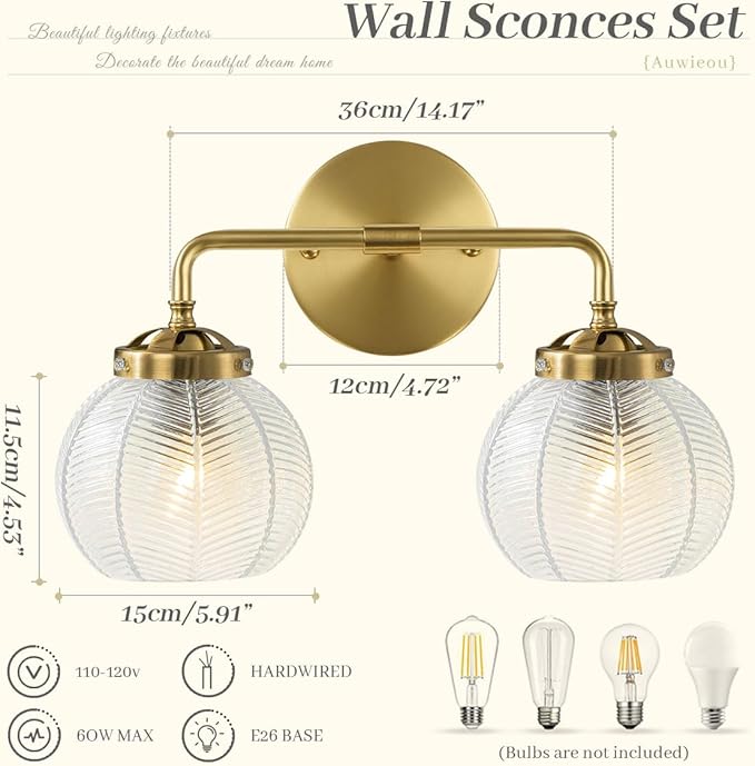 Vintage Bathroom Vanity Lights Over Mirror, 2 Light Gold Wall sconces with clear Glass Shade Bathroom Light Fixture mid Century Wall Sconce Light Glass Wall Lighting for Bedroom Doorway Hallway