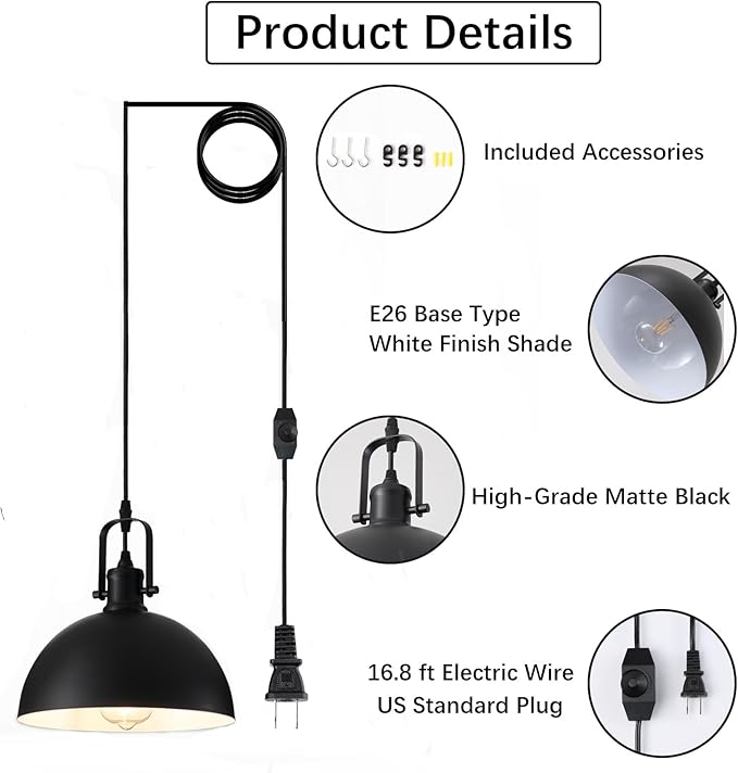Plug in Pendant Light, Matte Black Haning Light with 19.68 ft Cord, Dimming Switch, Metal Farmhouse Hanging Lamps for Living Room, Kitchen, Dining Room, Bedroom 9.84"