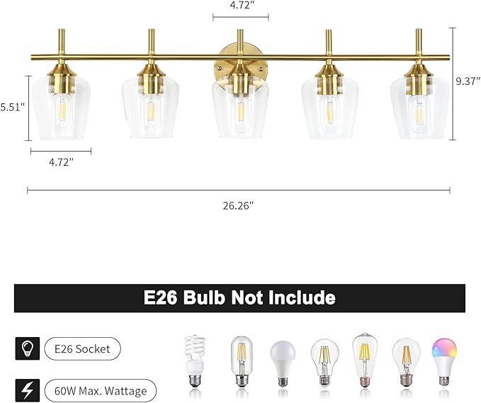Bathroom Light Fixtures 5-Light Brushed Nickel Vanity Light with Clear Glass Shade, Modern Wall Lights for Bedroom Hallway Living Room (Gold, 5-Light)